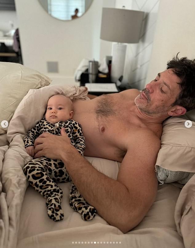 The actress, 43, included a sweet photo of her fiancé Steve Kazee snuggling next to their little girl in bed.