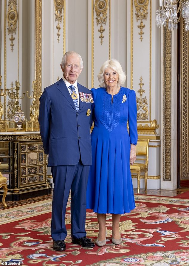 Official portrait of King Charles and Queen Camilla for their forthcoming tour of Australia, in which he wears the Sovereign's Insignia of the Order of Australia and the Queen wears the Wattle brooch given to Queen Elizabeth on her first visit as monarch in 1954.