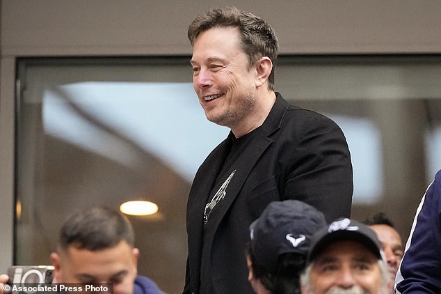 Elon Musk speaks to spectators as he watches Jannik Sinner of Italy and Taylor Fritz of the United States during the men's singles final at the U.S. Open tennis championships, Sunday, Sept. 8, 2024, in New York. (AP Photo/Kirsty Wigglesworth)