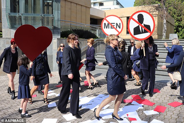 MONA curator Kirsha Kaechele and her supporters at the Supreme Court on Friday.