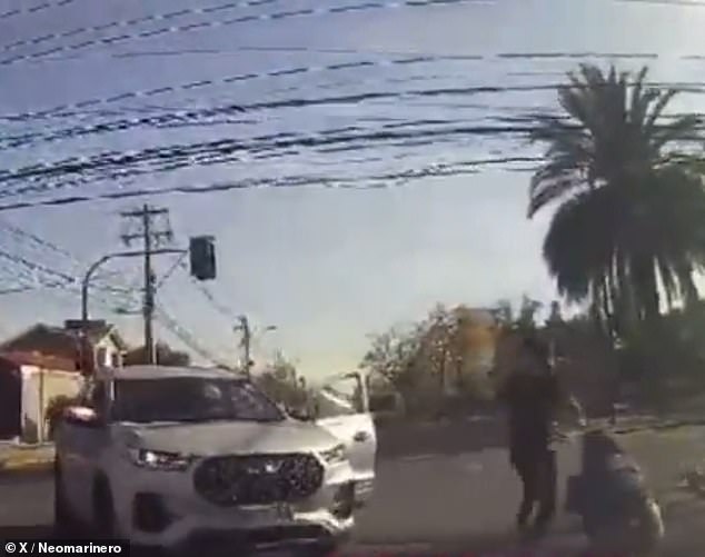 A video shows a student running over a rival classmate's father before getting out of the vehicle and kicking him during a wild fight outside a school in Punto Alto, Chile.