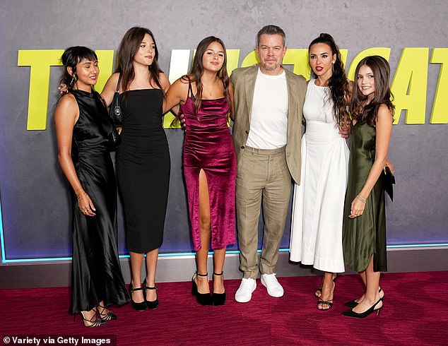 Matt pictured with his daughters and wife Luciana at the premiere of The Instigators in New York City on Wednesday.