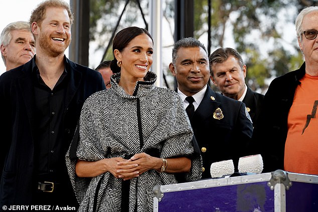 Harry and Meghan were pictured surrounded by first responders and Hollywood royalty at Kevin Costner's Montecito estate at the same event last year.