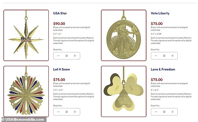 The ornaments, which are called 'USA Star,' 'Vote Liberty,' 'Let It Snow' and 'Love & Freedom,' cost between $75 and $90.