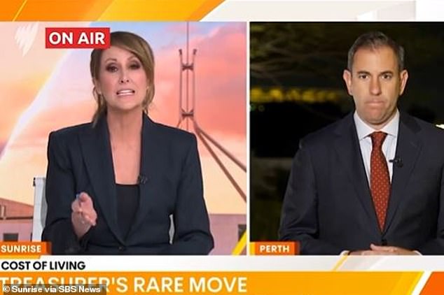 Sunrise presenter Natalie Barr seemed completely oblivious to the unfolding incident as she continued to question Dr Chalmers about cost of living relief (pictured)