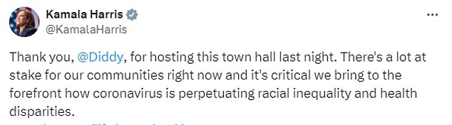 Following Diddy's arrest, conservatives resurfaced an old tweet from Kamala Harris in which she praised Diddy for holding a town hall on racial inequality during her previous campaign for the White House in 2020.