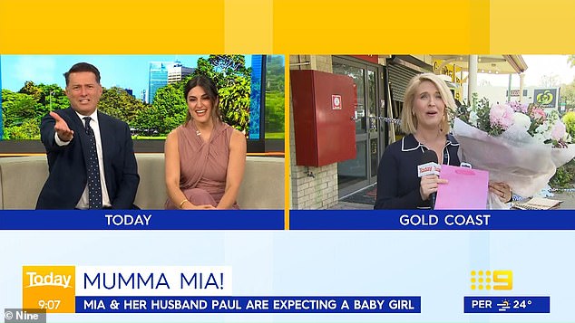 The popular Today morning show star recorded her final live video on the Gold Coast before preparing to welcome her second child, a baby girl, with husband Paul. She is pictured with presenters Karl Stefanovic and Sarah Abo.