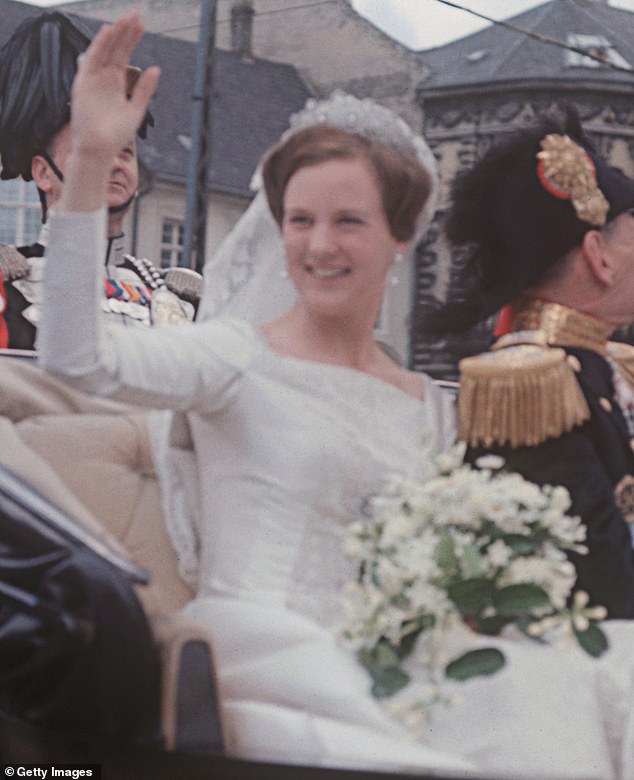 Although Theodora's choice of tiara has not been confirmed before the wedding day, the bride could be following a long-standing family tradition. The tiara of the Khedive of Egypt has long been worn by women in Theodora's family on their wedding days, including her aunt Queen Margrethe II of Denmark (pictured in 1967).