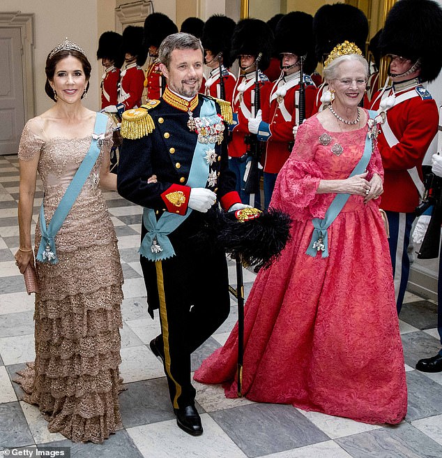 The Danish queen (right) was succeeded by her eldest son, Frederick (centre), pictured with his Australian-born wife, Mary.