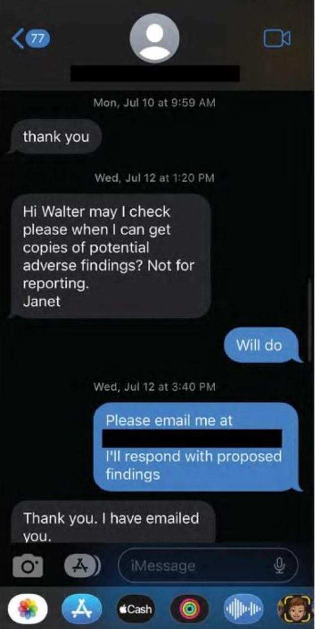 In the image: Texts between Janet Albrechtsen and Walter Sofornoff