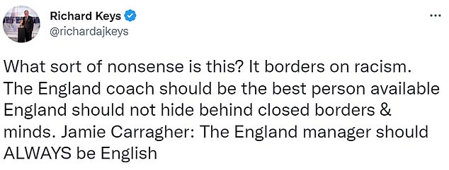 They previously clashed when Carragher said the England manager should always be English, before Keys claimed that opinion on the matter 