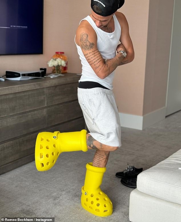 This comes after Romeo took inspiration from his mother, fashion mogul Victoria, when he recently posed for a photo in a pair of giant yellow Crocs boots.