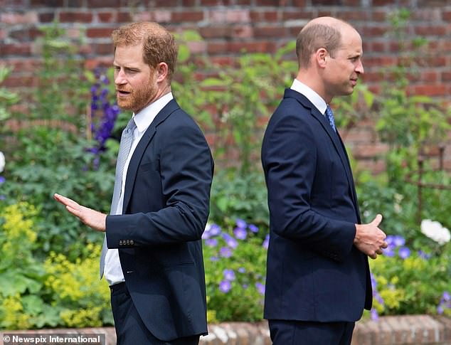 Prince Harry and Prince William at the unveiling of their mother's statue in the Sunken Garden at Kensington Palace on what would have been her 60th birthday.