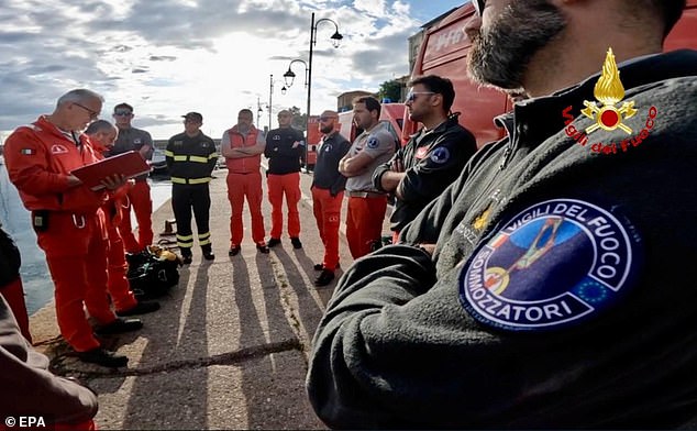 Salvage personnel pictured as they prepare to resume inspections of the wreck of the Bayesian yacht on August 23