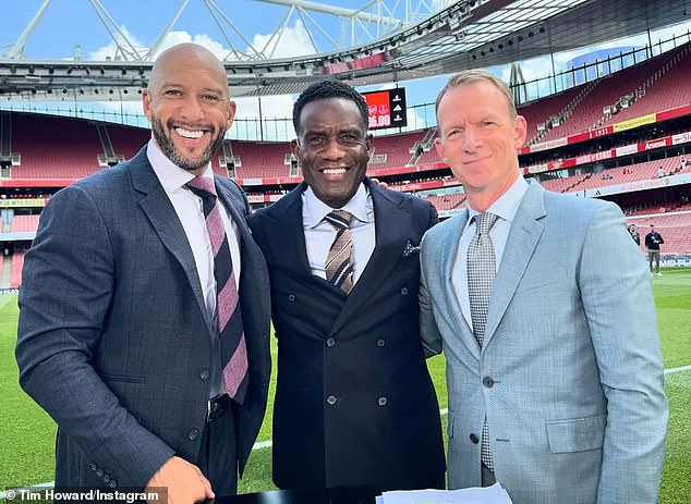 Howard is pictured with fellow NBC analysts Robbie Earle (center) and Robbie Mustoe (right).