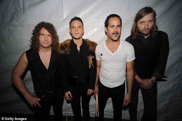 Now, the hitmakers behind Mr Brightside have returned to Australia to celebrate the 20th anniversary of the 2004 song, after announcing a Las Vegas residency in January. Pictured: band members Dave Keuning, Brandon Flowers, Ronnie Vannucci Jr. and Mark Stoermer