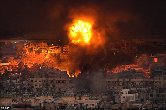 Flames grow after an Israeli airstrike in the southern suburbs of Beirut, Lebanon, on Saturday.