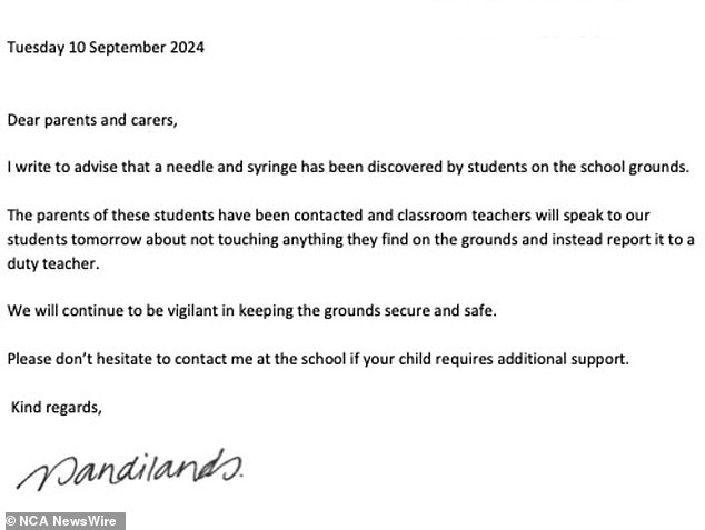 Roebuck Primary School principal Nikki Sandilands' letter to parents and carers regarding the discovery of a needle on school grounds