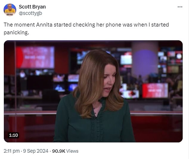 The mortified BBC News presenter was caught scrolling on her