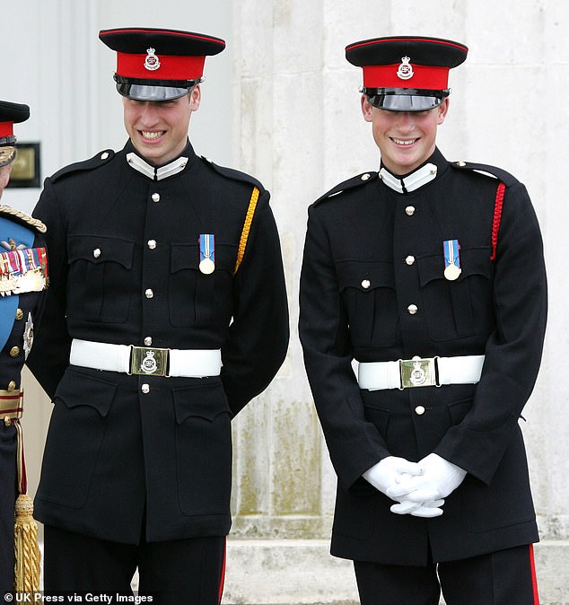 Prince Harry and Prince William at their younger brother's farewell ceremony at Sandhurst