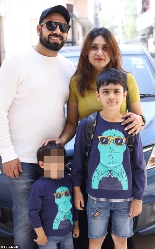 Vihaan Bhatia (bottom right) and his father Vivek (top left) died in the accident, while his mother Ruchi Bhatia (top right) and brother Abeer (bottom left) were treated in hospital.