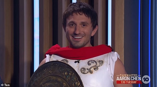 The 39-year-old Hit Network host appeared on the sketch comedy show wearing a traditional Greek toga.