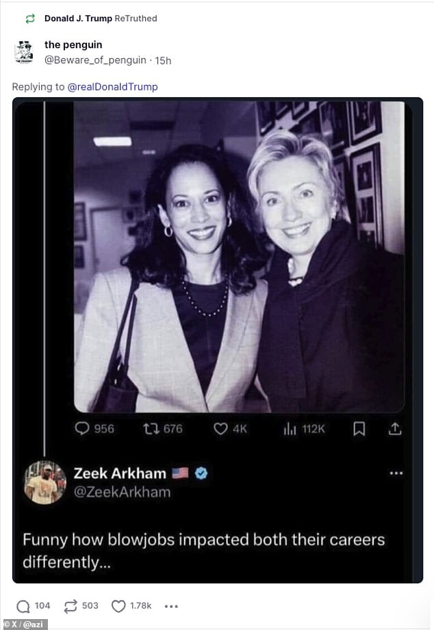 The interview came after Trump came under fire for re-sharing this post about his opponent, Vice President Kamala Harris, that shows her with former Secretary of State Hillary Clinton.