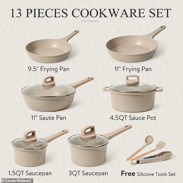 The set includes six nonstick pans made from granite materials and with rivet-free interiors.