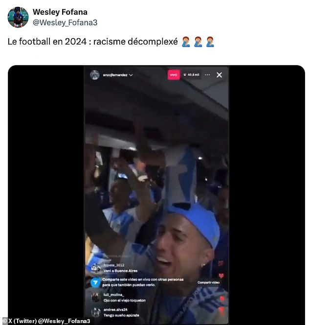 Fofana reposted the video via X along with the words: 'Football in 2024: Uninhibited racism'