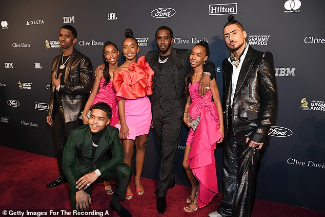 Love is seventh for Diddy; Pictured with his kids in 2020 (LR) Christian, 24, Jessie, 16, Justin, 29, Chance, 17, Diddy, D'Lila, 16, and Quincy, 31 (whom Diddy adopted)