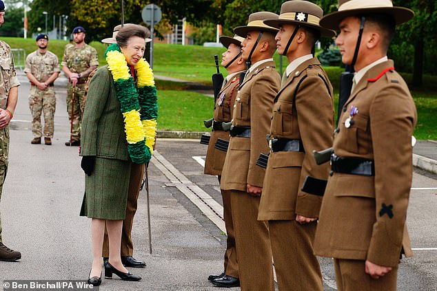 During her visit, the Princess Royal, 74, received a traditional Mala, or flower garland, which she wore hanging around her neck.