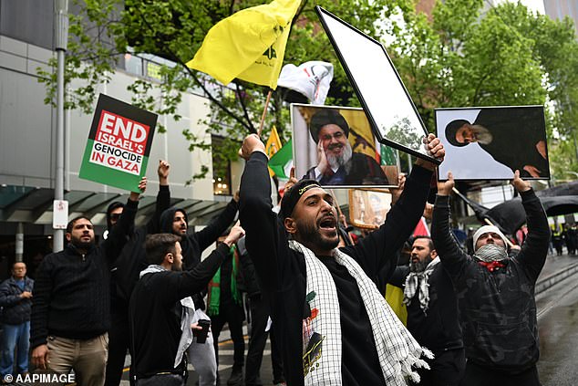 Hezbollah flags and images of Nasrallah were a common sight at protests that also took place in Melbourne over the weekend.