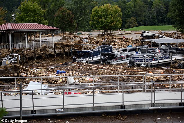 The Rocky Broad River flows into Lake Lure and overflowed its banks in Chimney Rock, North Carolina, after heavy rains caused by Hurricane Helene.