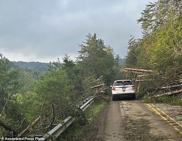 Pamlico County Rescue Team rescue workers are shown working to clear roads of fallen trees.