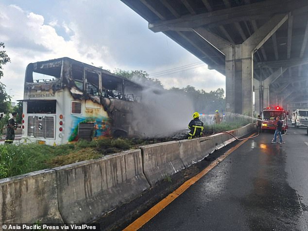 Dramatic footage shows flames engulfing the entire vehicle as firefighters battled to put out the inferno.