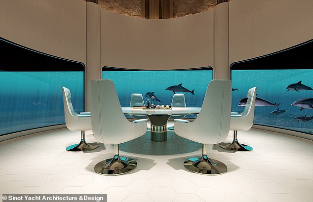 The design philosophy is displayed in a submerged observation room located five meters below the sea surface, offering 