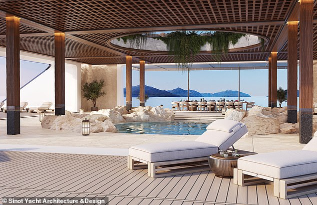 To encourage guests to connect with the outdoors, the yacht includes open-air lounges and shaded outdoor terraces.