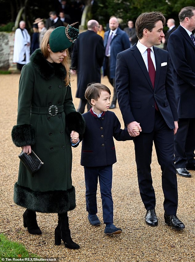 Beatrice and Edoardo with Wolfie, who Edo shares with his ex-fiancee Dara Huang, for the Christmas Day church service at Sandringham in December 2022.