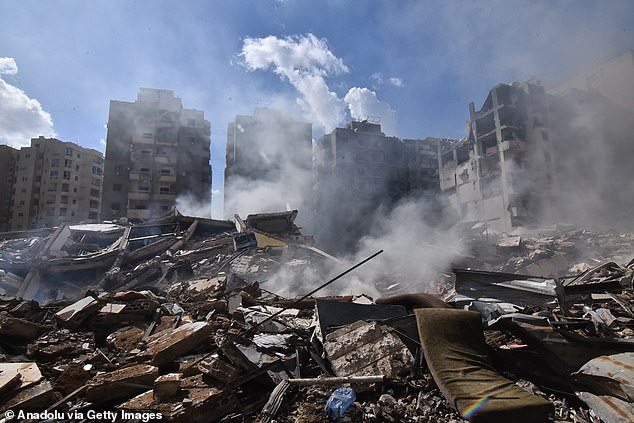 A view of damaged buildings following Israeli attacks on the Laylaki and Haret Hireyk neighborhood of the Dahieh region in Beirut, Lebanon