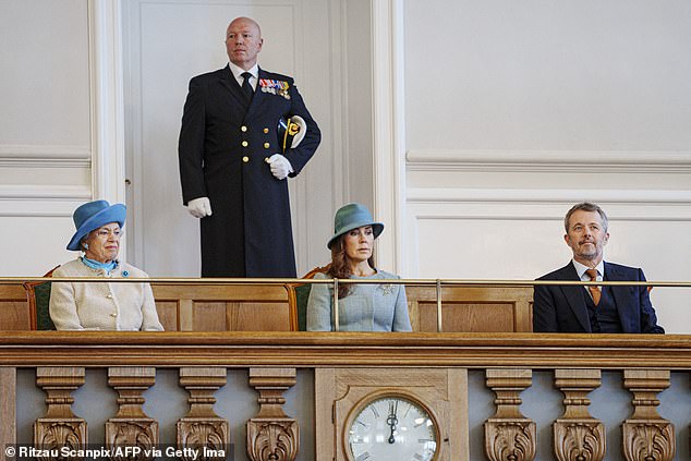 Queen Mary of Denmark (centre) was sitting with Princess Benedikte (left), the younger sister of Queen Margarethe, and her husband King Frederick (right).