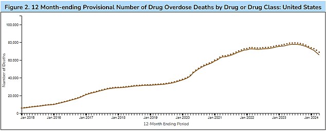 The graph above shows the number of Americans who die from synthetic drug overdoses each week. These are deaths from fentanyl. After years of increases, deaths nationwide have finally stabilized