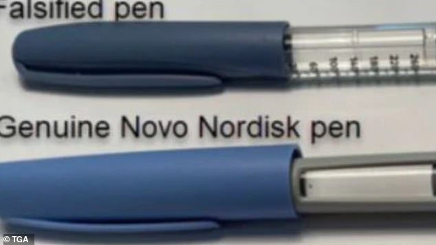 This photo shows the difference between a fake Ozempic pen and a real one from the manufacturer Novo Nordisk.