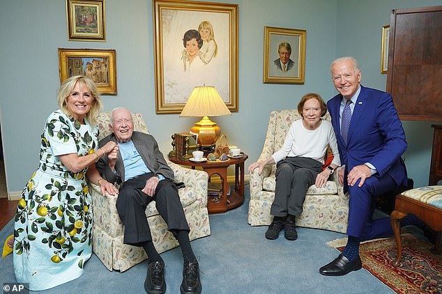 Jill Biden, Jimmy Carter, Rosalynn Carter and Joe Biden together at the Carter home in Plains, Georgia, in April 2021