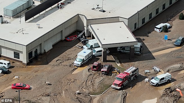 Flood damage from Hurricane Helene is seen here covering a hospital in Erwin on Saturday.