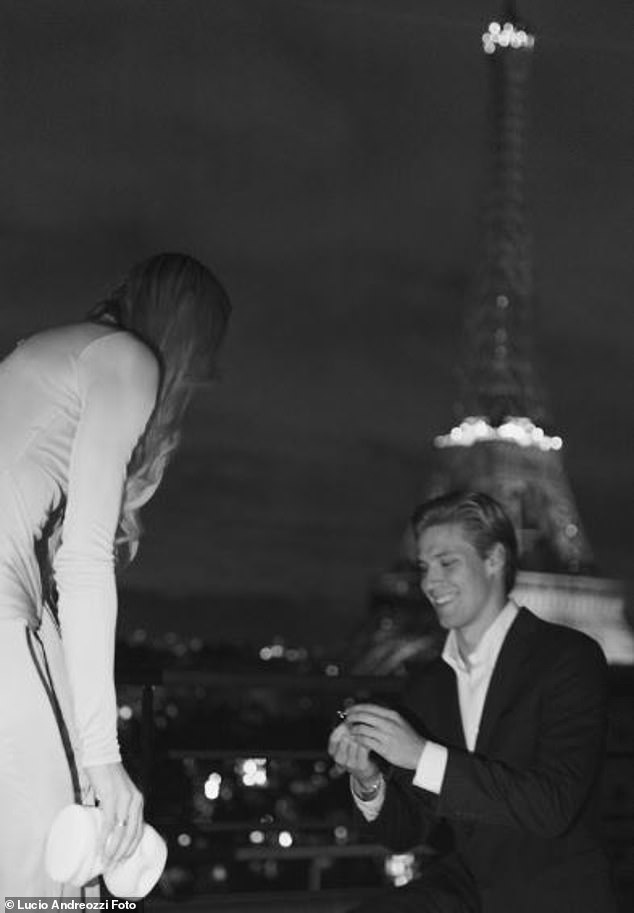 Felter surprised Brink with a proposal during Paris Fashion Week near the illuminated Eiffel Tower