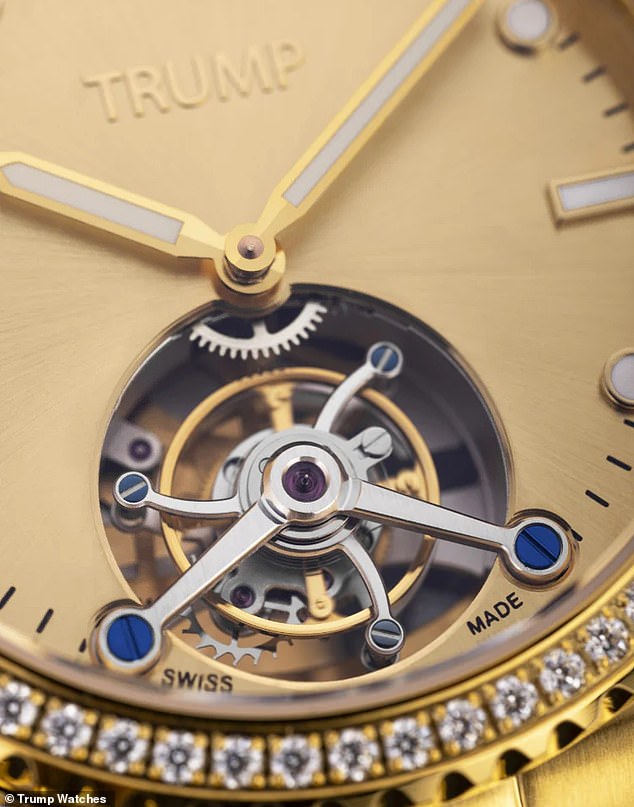 As advertised on its Trump Watches website, the special 'Victory Tourbillon' watch is made 'almost entirely' of 18K gold and is decorated with 122 VS1 diamonds.