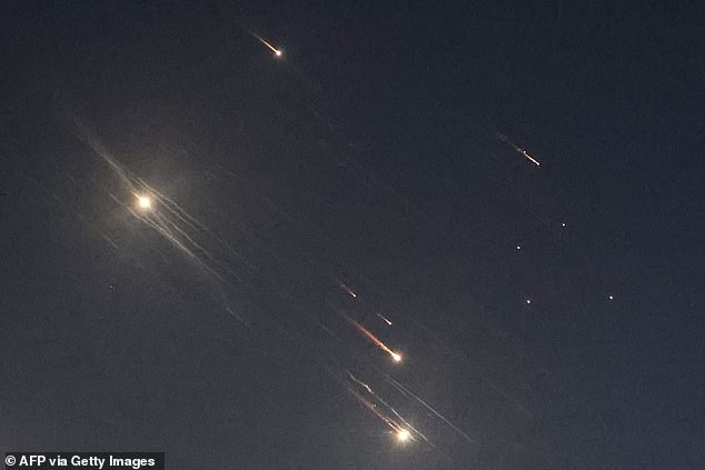 This image shows projectiles intercepted by Israel over Tel Aviv on October 1, 2024.