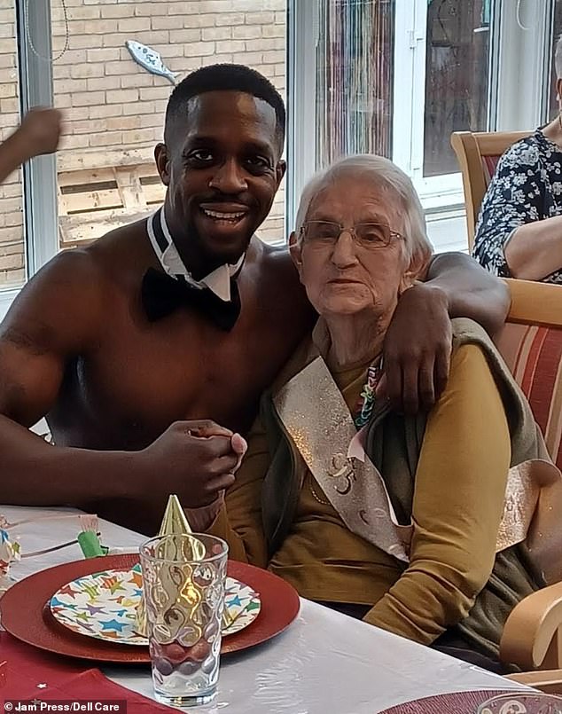 The birthday trio, dressed in sashes and tiaras, were delighted by the unexpected topless man along with their other friends (pictured, Chris and Elsie).