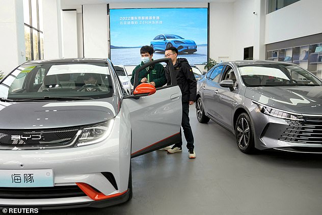 BYD electric vehicles (EV) are displayed at a car dealership in Shanghai, China, on February 3, 2023.