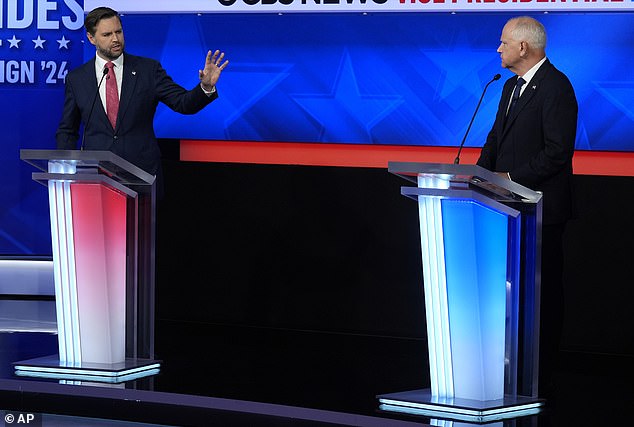 The moment came during the high-stakes vice presidential debate between Senator JD Vance (left) and Governor Tim Walz (right).